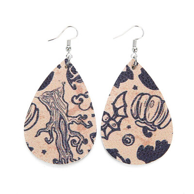 

guangxichuangshengxinfu 1 Pair Chic Halloween Skull Pumpkin Teardrop PU Leather Bohemia Dangle Drop Earrings