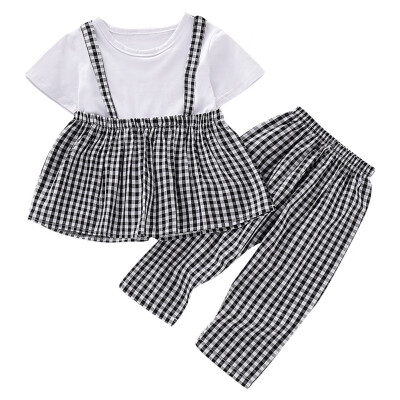 

Lovely Children Newborn Girls Plaid Stitching Short T-shirt Round Collar Casual TopsPants 2pcs 0-5 Toddler Baby Clothes