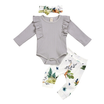 

3pcs Infant Newborn Baby Girl Clothes long sleeve ruffle Romper floral Long Pants headband Outfits clothes set for 0-24m