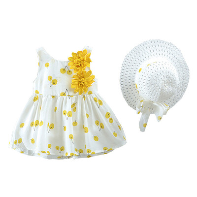 

2Pcs Baby Girls Dress Sets With Hat Kids clothes Cherry Floral Pattern Sleeveless Dresses Fashion Backless Sundress