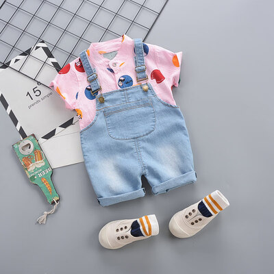 

2PcsSet Summer Baby Boys Girls Casual Short Sleeve Dot Print T-shirt TopsStrap Denim Shorts Costume Set