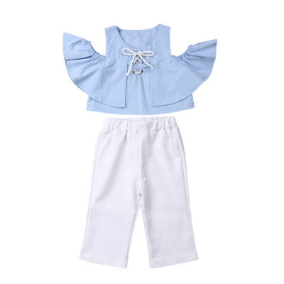 

1-6T Girls Clothes Set Blue Off Shoulder Top White Pants Fashion Kids Clothes Set Summer Girls T-shirt