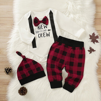 

Autumn Baby Boy Girl Long Sleeve Letters Print Romper Tops Plaid Trousers Hat Outfits Clothes