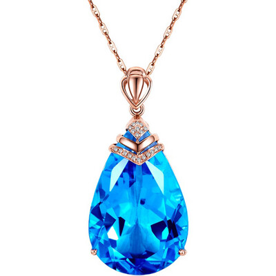 

Women 14K Rose Gold Chain Necklace Aquamarine Gemstone Sapphire Topaz Pendant Wedding Jewelry