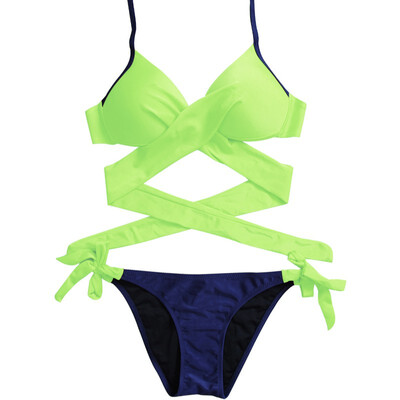 

Women Summer New Style Personality Sexy Lace Up Solid Color Concise Cross-Tie Bikinis Set Polyester Beach Vacation