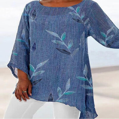 

Leaf Printed Trim Long Sleeve Round Neck Top