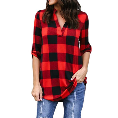 

Plus Size Women Plaid Casual Loose Long Shirts Female Vintage Long Sleeve V Neck Blouse Tops