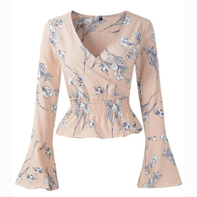 

Casual Long Sleeve Women Blouse&Tops Floral Print Shirts New Autumn Women Shirt Flare Sleeve V-Neck Tops For Women