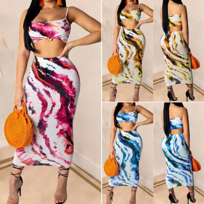 

2PCS Womens Tie Dye Knotted Crop Top & Sllinky Skirt Set Ladies Dresses Sundress