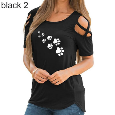 

Summer Casual Paw Print Cross Off Shoulder Short Sleeve O-Neck Women T-Shirt Top
