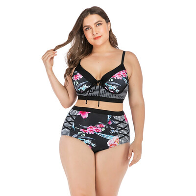 

Women Tankini Floral Patchwork Strappy Lace-up High Waist Swimwear Bikini Top Bottom Lady Plus Size Swimsuit Beach Swimming Suit