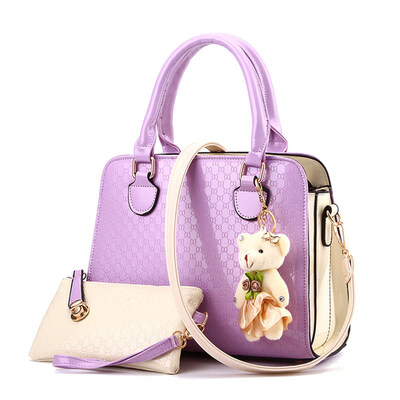

2PcsSet Bear Pendant Embossed Tote Handbag Crossbody Shoulder Pouch Clutch Bag