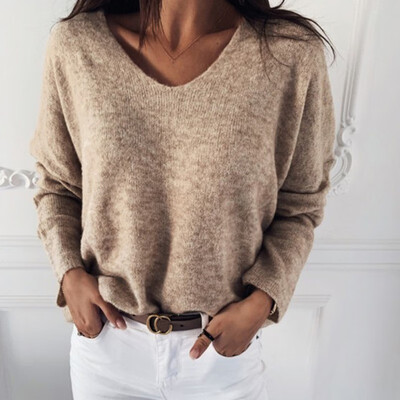 

2019 new autumn winter Women v-neck solid Sweater Pullover Female Knitted sweaters Jumper casual Knitwear Pull Femme jersey