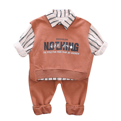 

Autumn Baby Boy Cute Long Sleeve Handsome Striped Print Shirt Letters Sleeveless Sweatshirt Trousers Casual Outfits