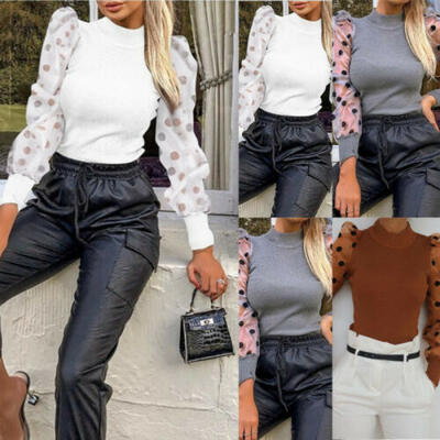 

NEW Women Polka Dot Sheer See-through Long Puff Sleeve Tops Blouse Club T-Shirts