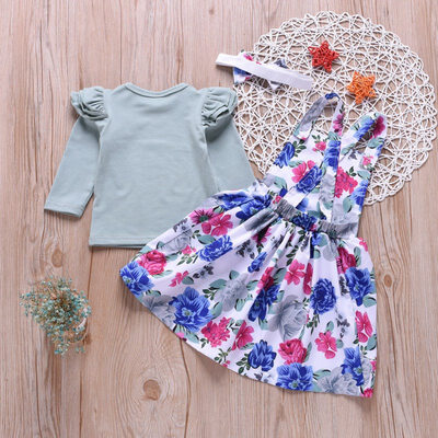 

3 Pcs Spring Baby Girls Cute Solid T-shirtsFloral Strap Dress With Headband Children Clothing Sets Fashion Suits Gifts For Baby