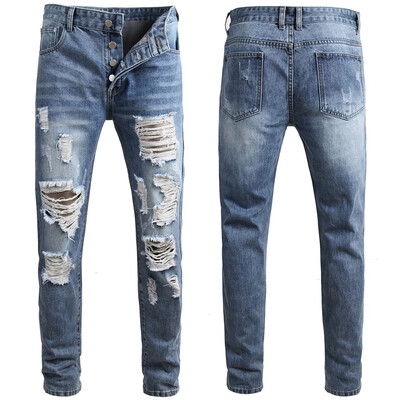 

Gobestart Mens Casual Denim Straight Hole Jeans Multi-button Trousers Long Pant