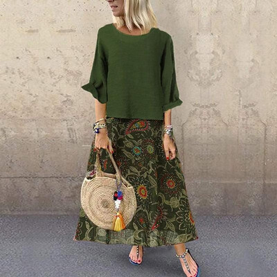 

Women Vintage Long Dress Blouse Set Long Sleeves Top Paisley Print Tank Dress Plus Size Boho Beach Casual Maxi Dress 2PCS