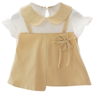 

2019 New Baby Girl Summer Princess Dress Fake 2 Piece Peter Pan Collar Toddler Bow Short Sleeve Cotton Sundress Kid Girl Clothes
