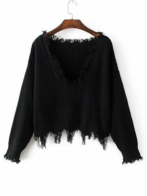 

Sweater Autumn Women One Size Ripped V Neck Loose Sweater