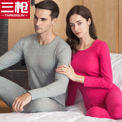 

Three gun cotton Lycra men&women thermal underwear set Shu skin soft cotton Lycra round neck Slim men&women Qiuyi Qiuku set womens rose red L