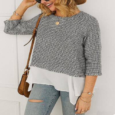 

Lattice Pattern Fringe Three-quarter Sleeve Contrast Hem Splice Tee