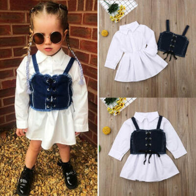 

UK Toddler Baby Girls Kids Suspender Long Sleeve Shirt Denim Skirt Dress Clothes