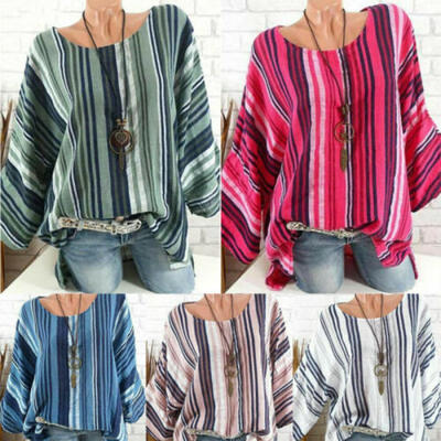 

US Womens Long Sleeve Round T-Shirt Loose Collar Cotton Linen T-Shirt Plus Size