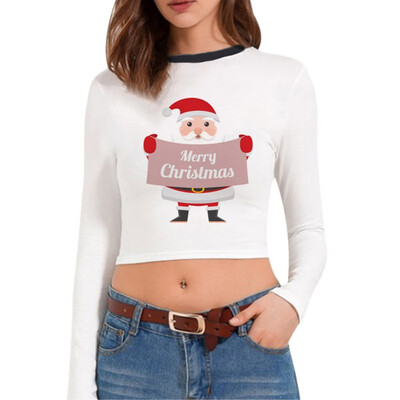 

Christmas T-shirt Santa Claus Christmas Tree Print Multiple Choices Long-Sleeve Cropped tshirt New Hot Women Clothes