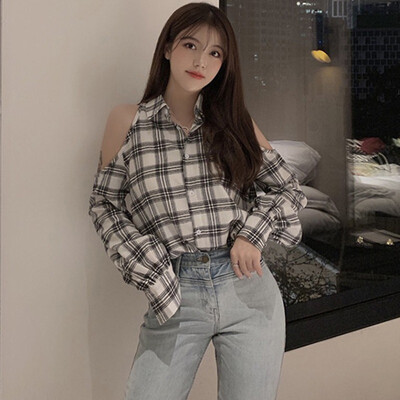 

Autumn Women Plaid Shirt Long Sleeve Off Shoulder Sexy Chiffon Blouse Turn-down Collar Harajuku Korean Tops Fall Clothes
