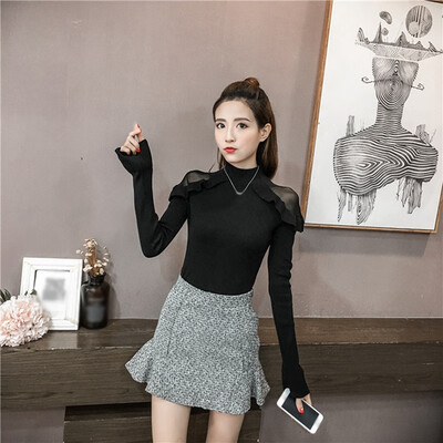 

Women Mesh Stitching Sexy T-shirt Autumn Long Sleeve Korean Style Solid Color Hollow Black Basic Bottoming Tee