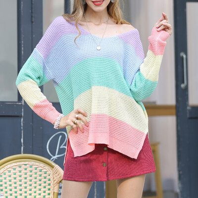 

Tailored Fashion Women V-Neck Rainbow Stitch Long Sleeve Knit Sweater Casual Blouse Tops