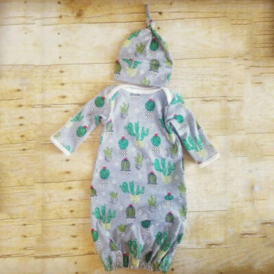 

UK Newborn Sleep Gown Organic Baby Boy Girl Cactus Knotted Sleeping Bag With Hat