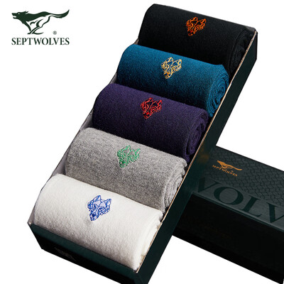 

Seven wolves socks 2019 new moisture-absorbing breathable solid color tube business casual four seasons mens cotton socks 5 double box mixed color code