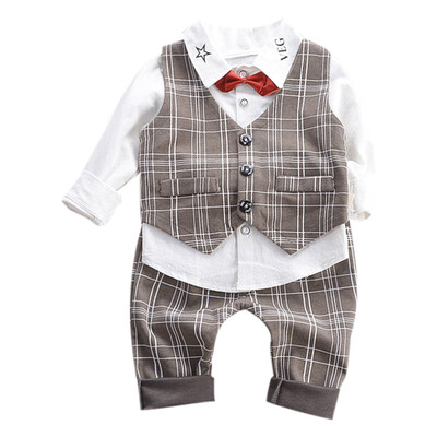 

New Autumn Baby Boy Long Sleeve Gentleman Soft Cotton T-Shirt TopsPlaid VestLong Pants Trousers Toddler Outfits