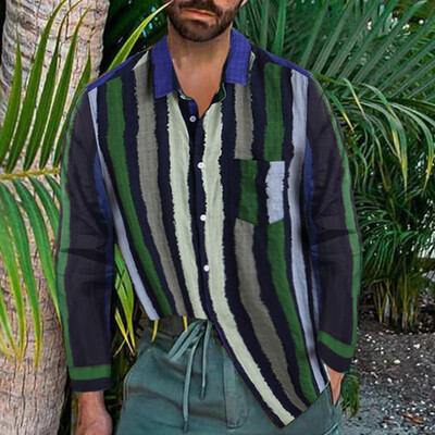 

Tailored Mens Fashion Casual Stripe Printing Cotton Linen Long-sleeved Shirt Tops Blouse