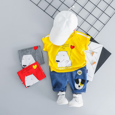 

Children Kids Boys Clothing Set Summer Cartoon Bear Printed Short Sleeve T-shirt Round Collar Casual TopsSolid Color Pants