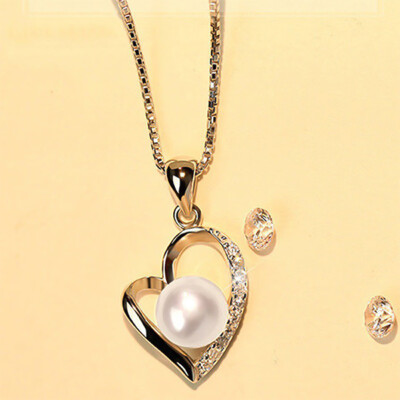 

Gift Women Fashion 925 Sterling Silver Pearl Necklace Heart Crystal Pendant Gifts For Girls