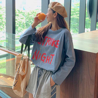 

Autumn New Loose Casual Letter Print Women T-shirts Korean Style Round Neck Long-sleeved Tops
