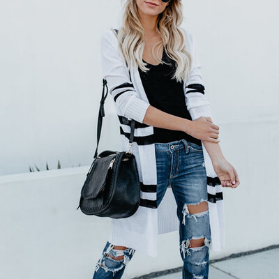 

Gobestart Fashion Women Long Sleeve Stripe Cardigan Tops Sweater Knitted Hooded Coat