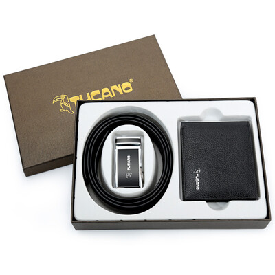 

Woodpecker TUCANO Mens Wallet Belt Gift Set Automatic Buckle Leather Belt Short Wallet Combination Gift Box Set Black