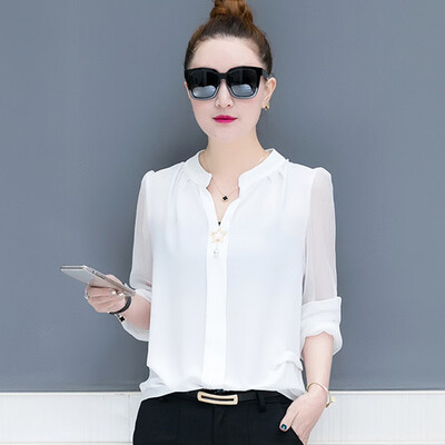 

Elegant Korean version Autumn Long sleeve Small V-neck Chiffon Shirt Fashion New Casual Office Lady Womens Blouse Top F1
