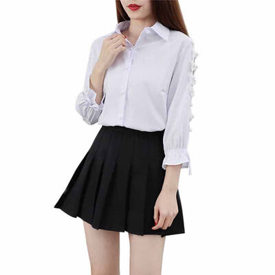 

New Women Summer Pearl Bow Sleeved Loose Blouse Shirt Striped Shirt Korean Cotton Blend Shirt Hollow Out Female Blusas