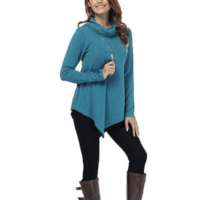 

Autumn Women Casual Loose Piles Collar Solid Color Long Sleeve T-shirt Tops