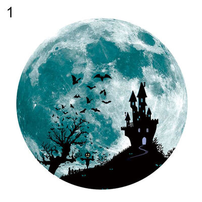 

30cm Round Halloween Moon Castle Bats Glow in Dark Luminous Wall Stickers Decor