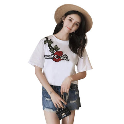 

Leisure Chic Women T-Shirt Short Sleeve Rose Embroidery Fashion Summer Tops