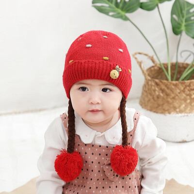 

Winter Warm Toddler Baby Girl Earflap Hat Kids Knit Beanie Cute Embroidery Caps With Fake Braid New