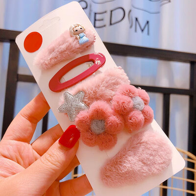 

Baby Children Clips 3-12T New Autumn Winter Candy Color Plush Princess Cartoon Imitation Flower Hair Duckbill Clips 5 Pieces