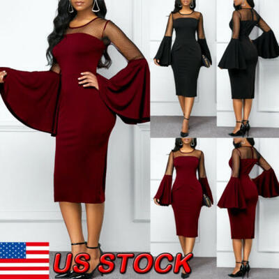 

Women Slim Ruffle Sleeve Maxi Cocktail Party Wedding Evening Formal Midi Dresses