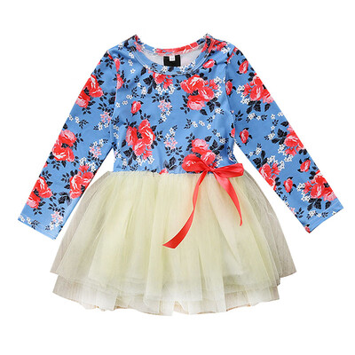 

Spring Autumn Casual Fashion Baby Girl Flower Printing Long Sleeve Mesh Princess Dress